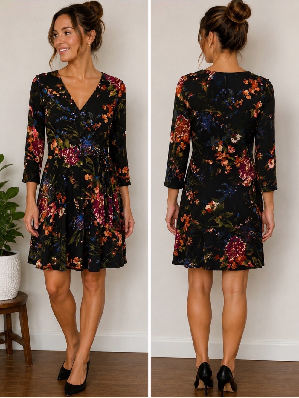 Hailys:23 Floral Faux Wrap Dress Black Multi 3/4 Sleeve Tie Waist Size Medium